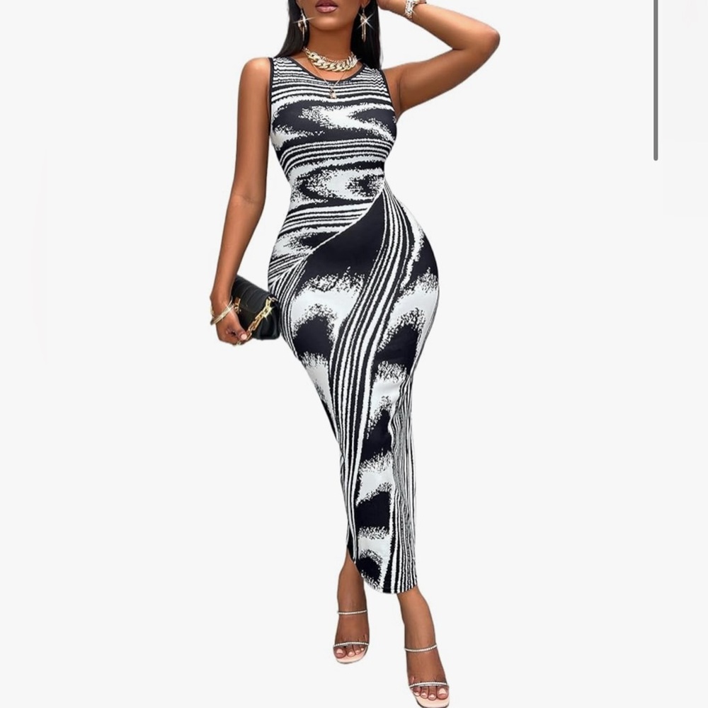 Abstract Print Sleeveless Bodycon Maxi Dress